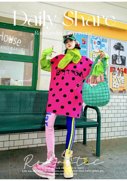 撞色圓點衛衣洋裝 X3472