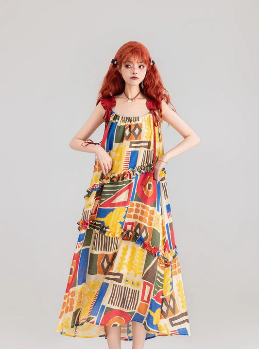 Art Graffiti Print Suspender Long Skirt X2804