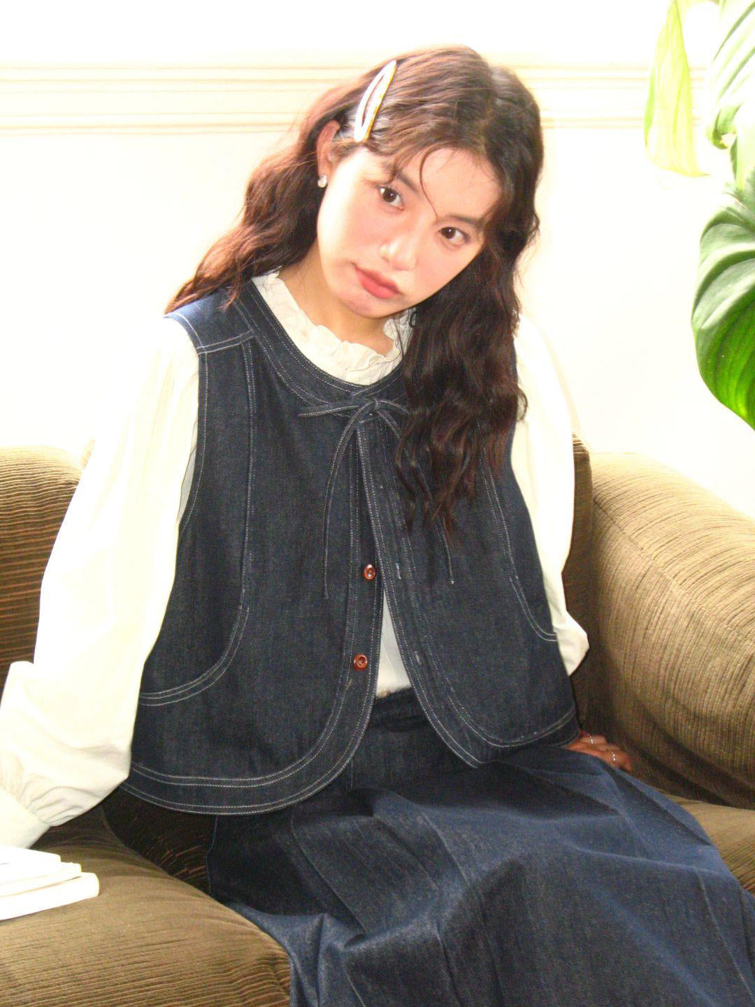 Denim crewneck vest / long skirt X3083