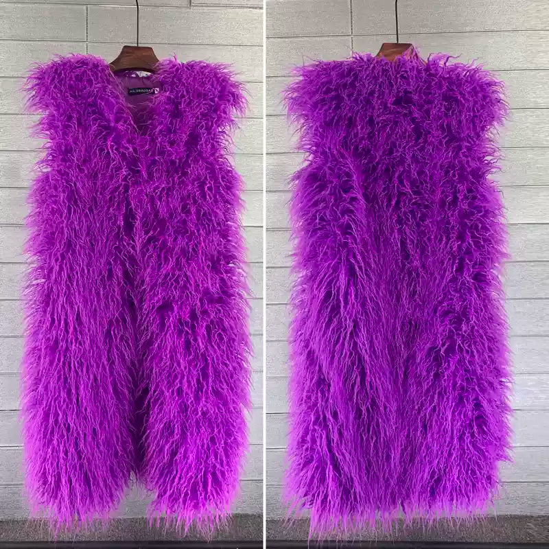 Round neck faux fur long vest jacket X2857