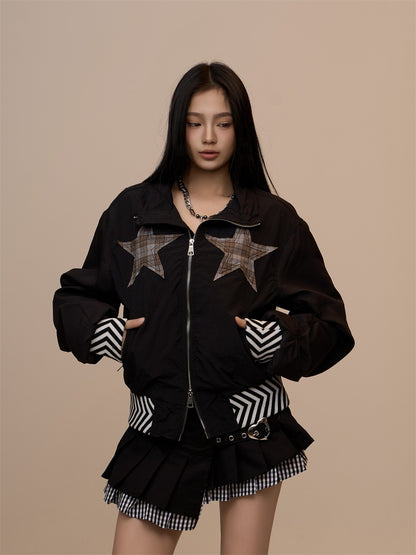 Spring New Black Plaid Star Oversized Jacket　X3390