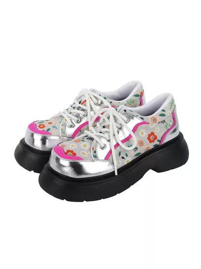 Colorblock Floral Chunky Platform Lace-Up Shoes　X3479