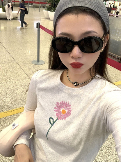 Rhinestone flower print long sleeves t-shirt X3171