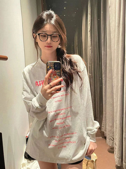 Letter print long sleeved loose T-shirt X3130