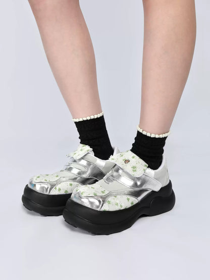Floral Print & Silver Chunky Platform Velcro Shoes　X3478