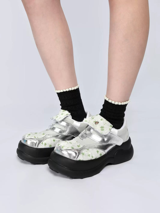 Floral Print & Silver Chunky Platform Velcro Shoes　X3478