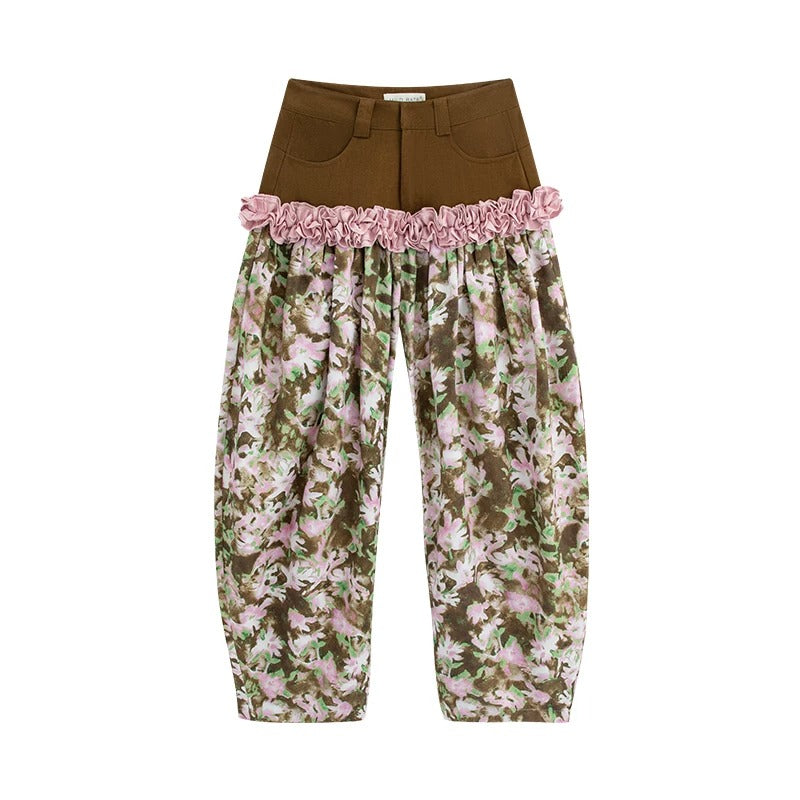 Printed & Check Patchwork Curved Pants with Ruffle Detail　X3507