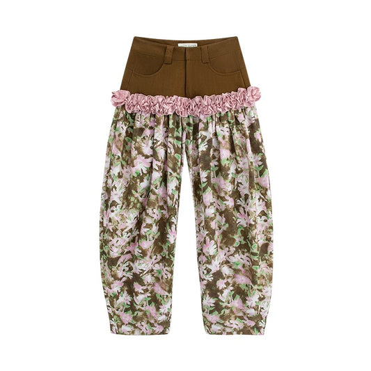 Printed & Check Patchwork Curved Pants with Ruffle Detail　X3507
