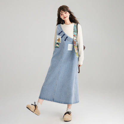 Art Print Denim Jumper Dress X3671