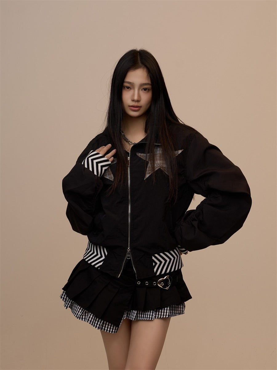 Spring New Black Plaid Star Oversized Jacket　X3390