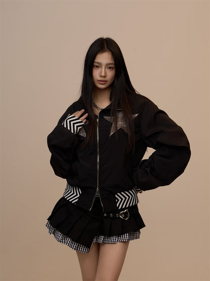 Spring New Black Plaid Star Oversized Jacket　X3390