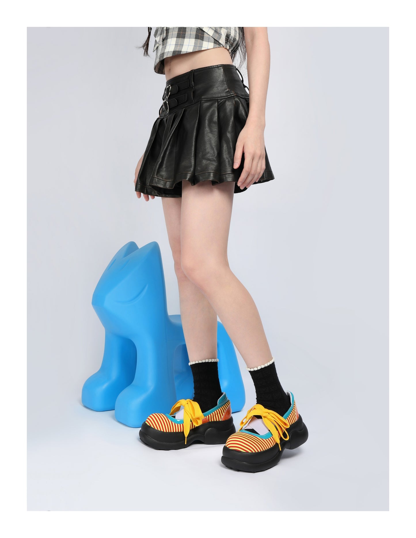 Colorblock Stripe Chunky Platform Lace-Up Shoes　X3481