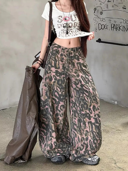 Pink Leopard Balloon Wide Leg Jeans　X3704