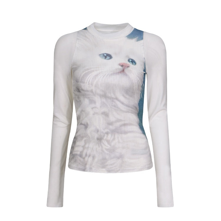 Cat print slim fit crew neck long sleeve T-shirt X3052