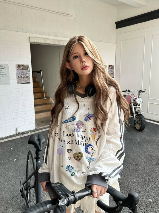 Cute print Oversize long sleeve jersey tops X3075