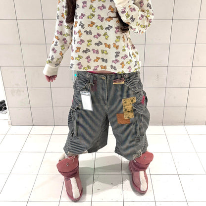 Hickory Stripe Patchwork Wide Cropped Pants　X3706