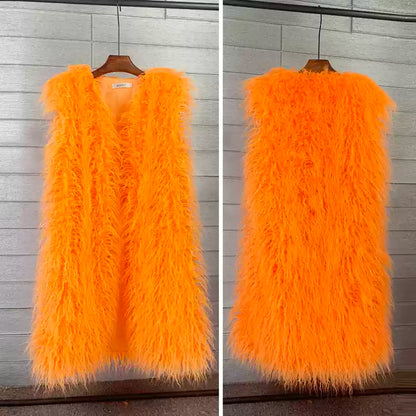 Round neck faux fur long vest jacket X2857