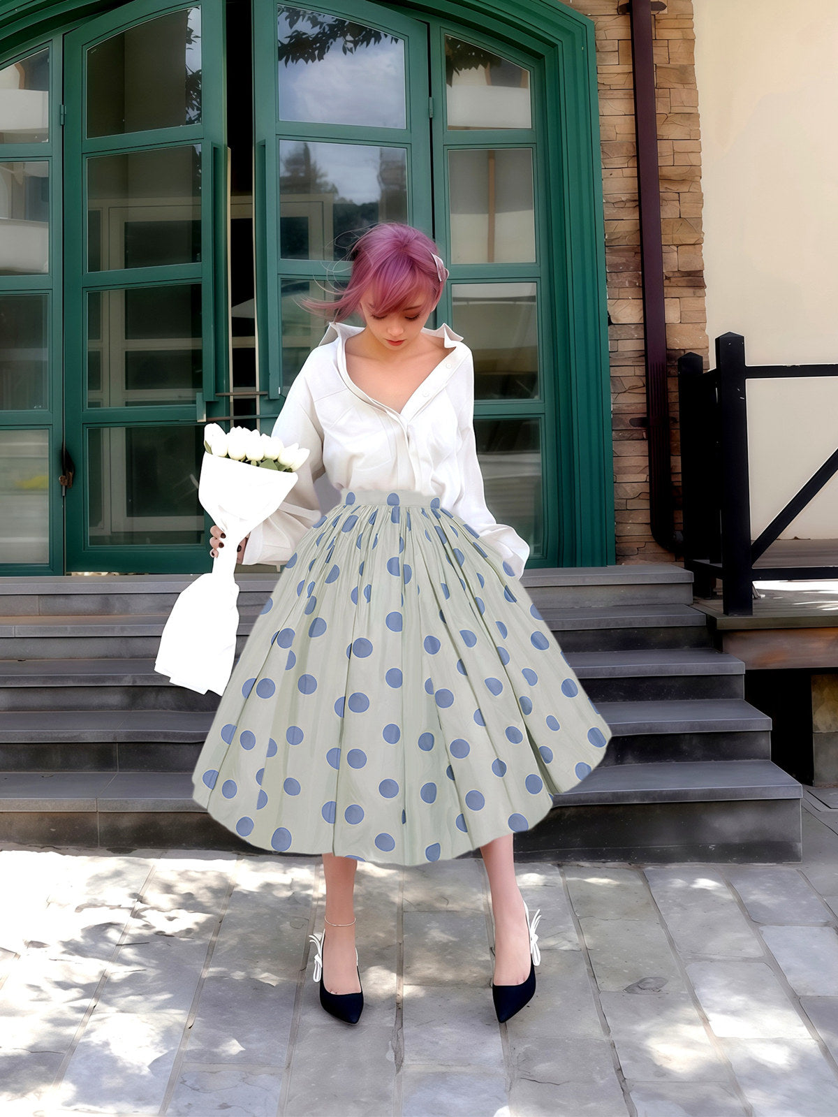 Polka Dot High Waist Flare Skirt　X3549