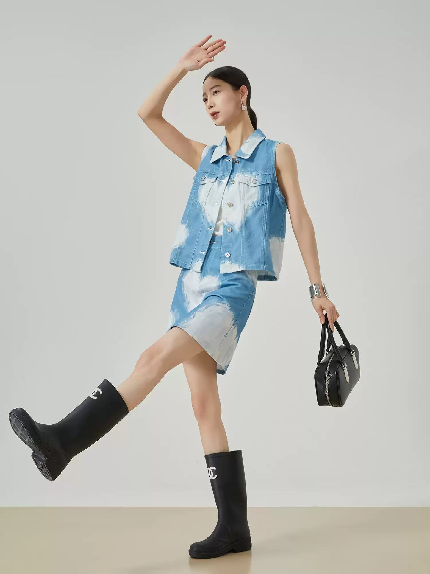 Tie-Dye Denim Style Sleeveless Vest / Mini Skirt Set　X3547