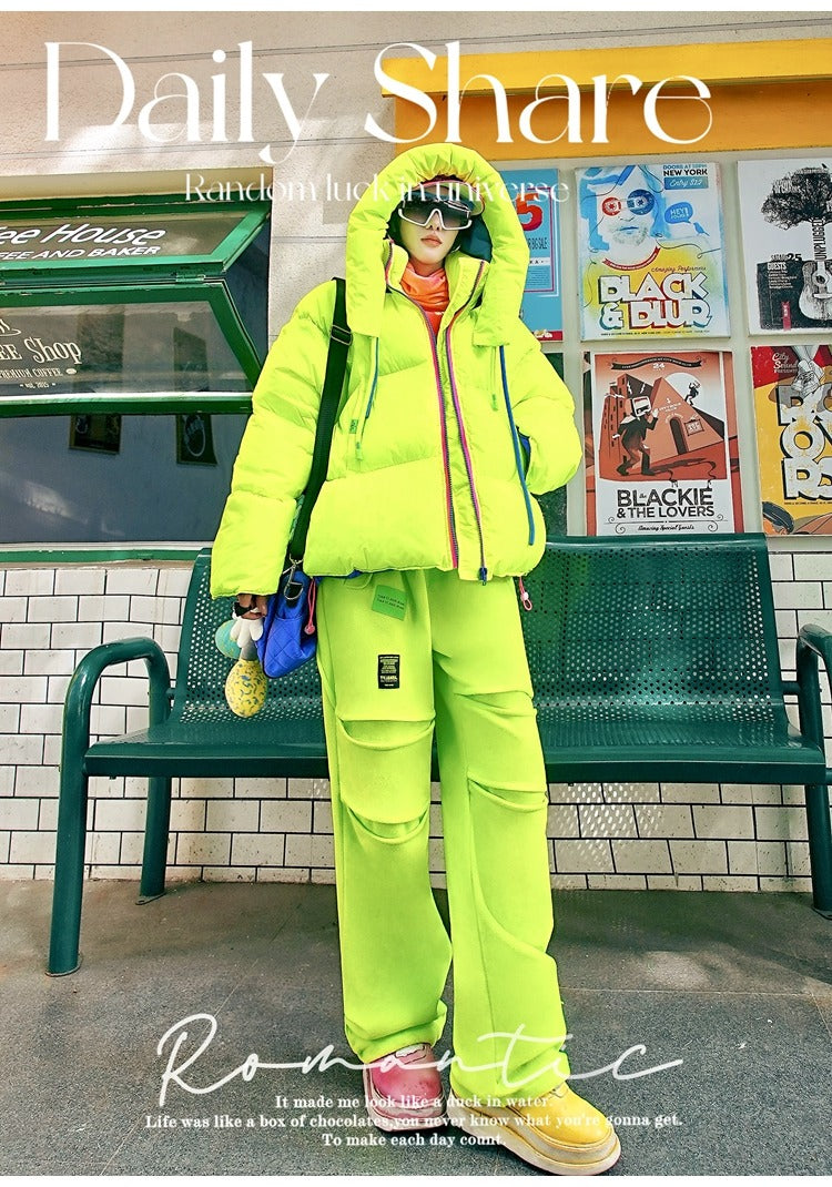 螢光綠撞色拼接抓絨運動褲 X3468