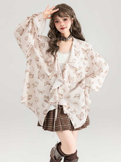 Butterfly print loose lace top X2802