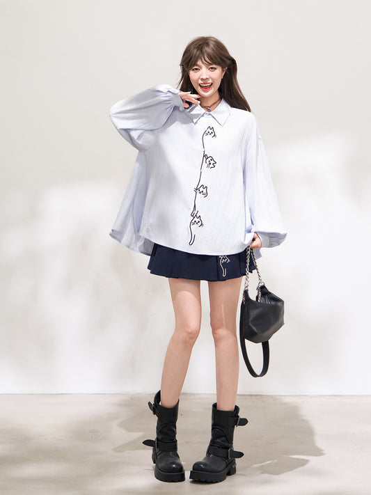 Cartoon Embroidered Oversized Shirt X3670