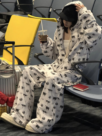 Cow Print Hoodie and Wide Leg Pants Set　X3665