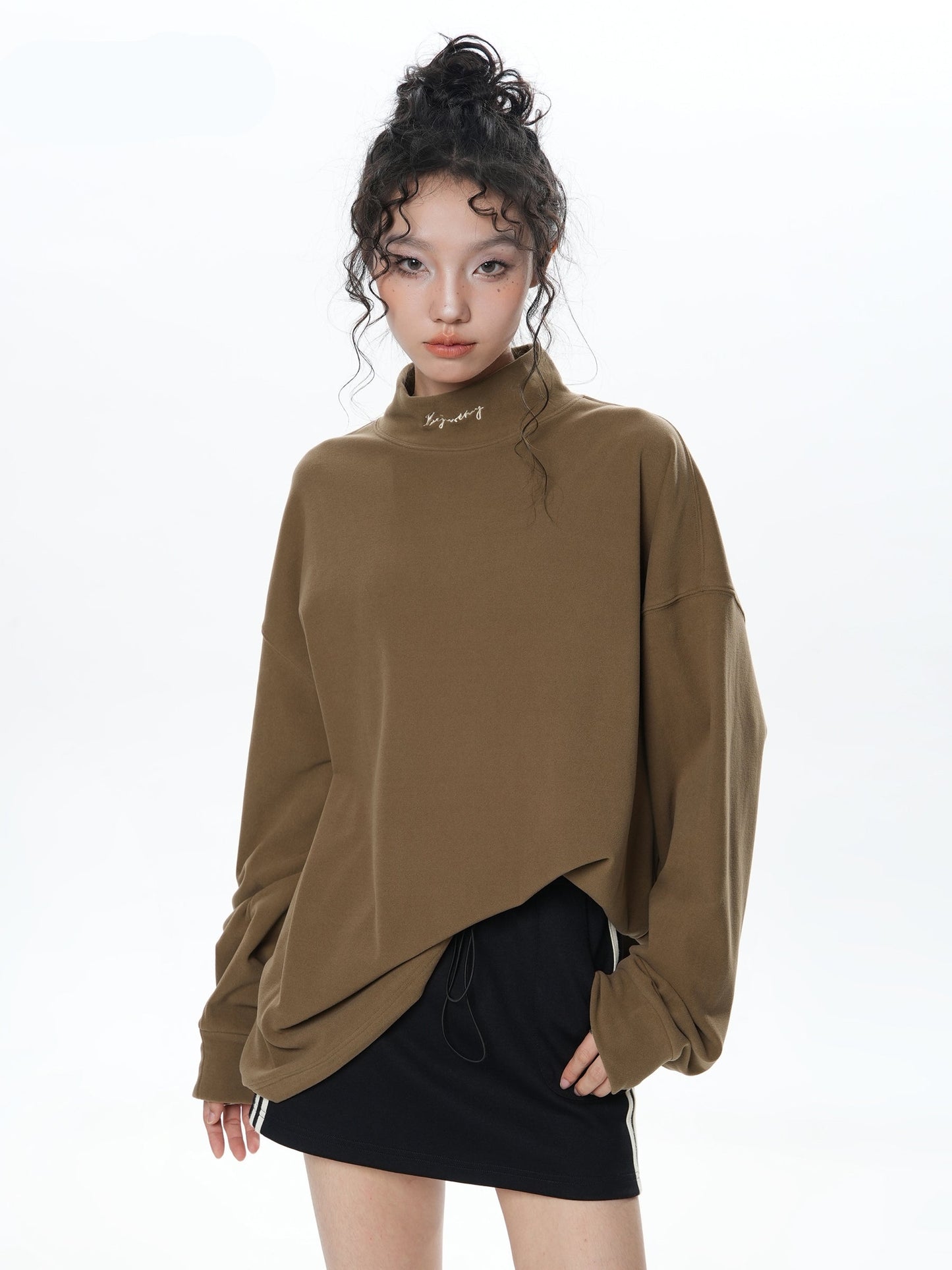 Loose half-height neck long sleeve t-shirt X3136