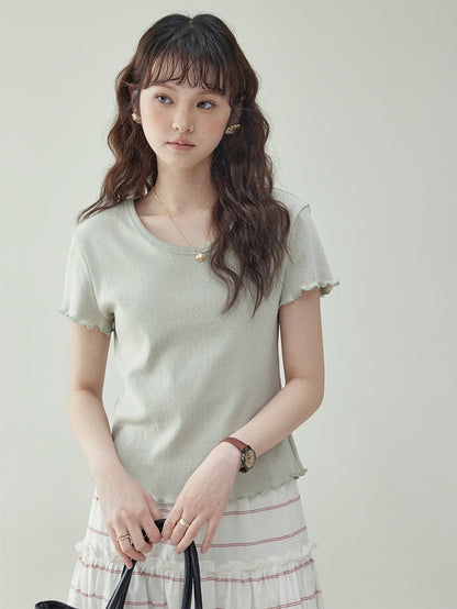 Cotton Jacquard Frill-Sleeve Short Tee　X3233