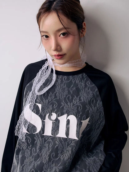 Lace stitching raglan long sleeve T-shirt X3126