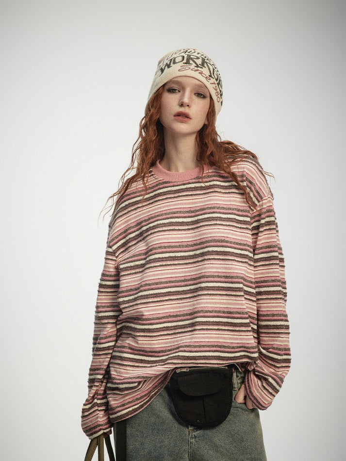 Stitched striped long loose sleeved T-shirt X3194