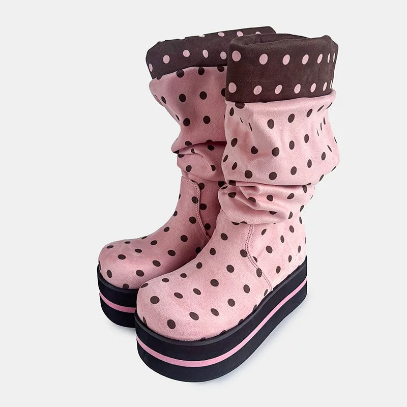 Polka Dot Platform Slouchy Mid Boots　X3524