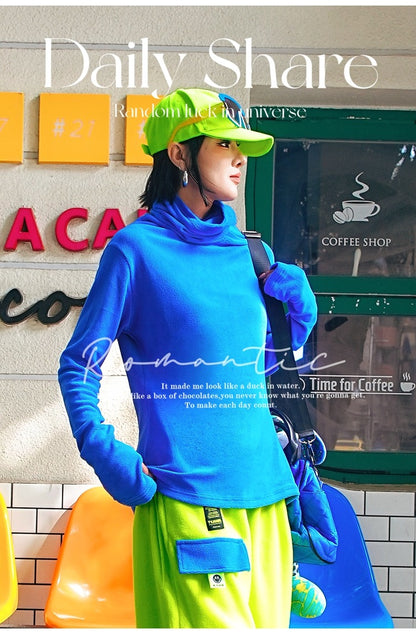 Fluorescent Color-Block Fleece High-Neck Top　X3474