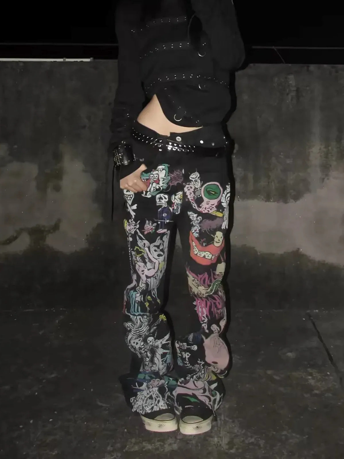Graffiti Print Wide Leg Jeans　X3705