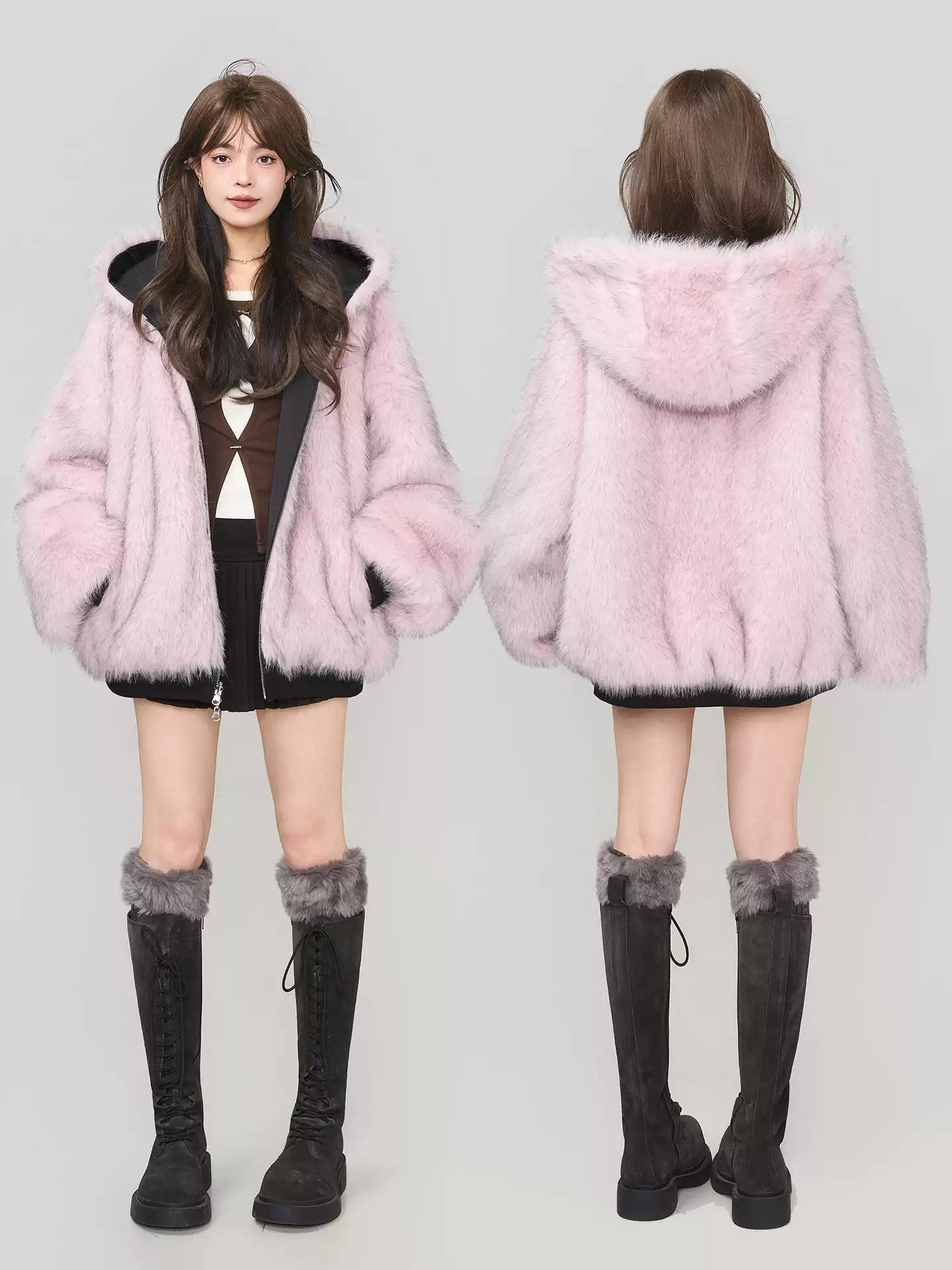 雙面仿狐狸毛連帽羽絨外套 X3450