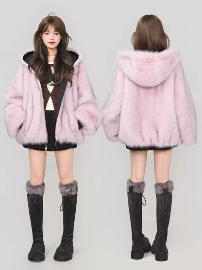 雙面仿狐狸毛連帽羽絨外套 X3450