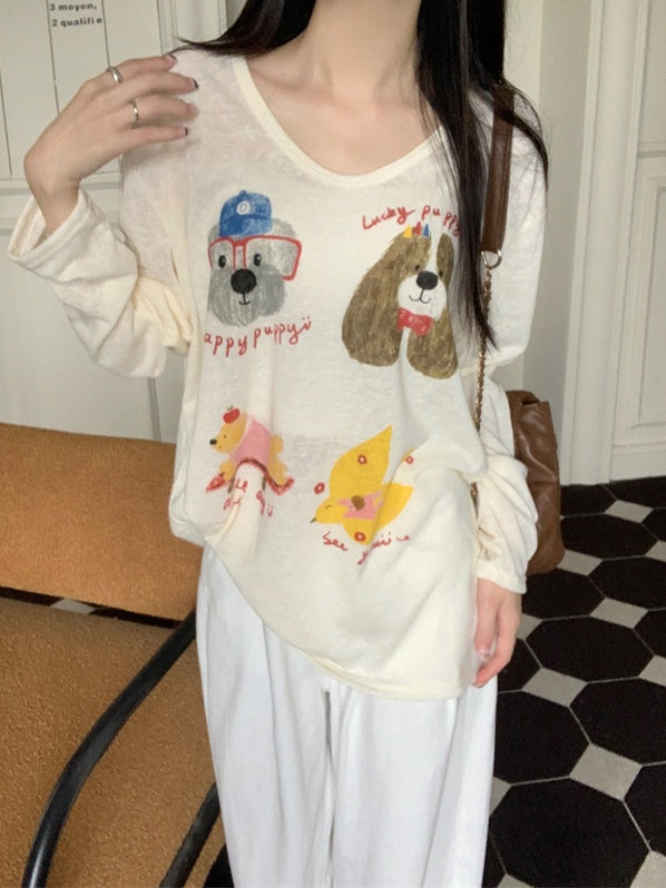 Cute dog print u-neck long sleeved T-shirt X3070