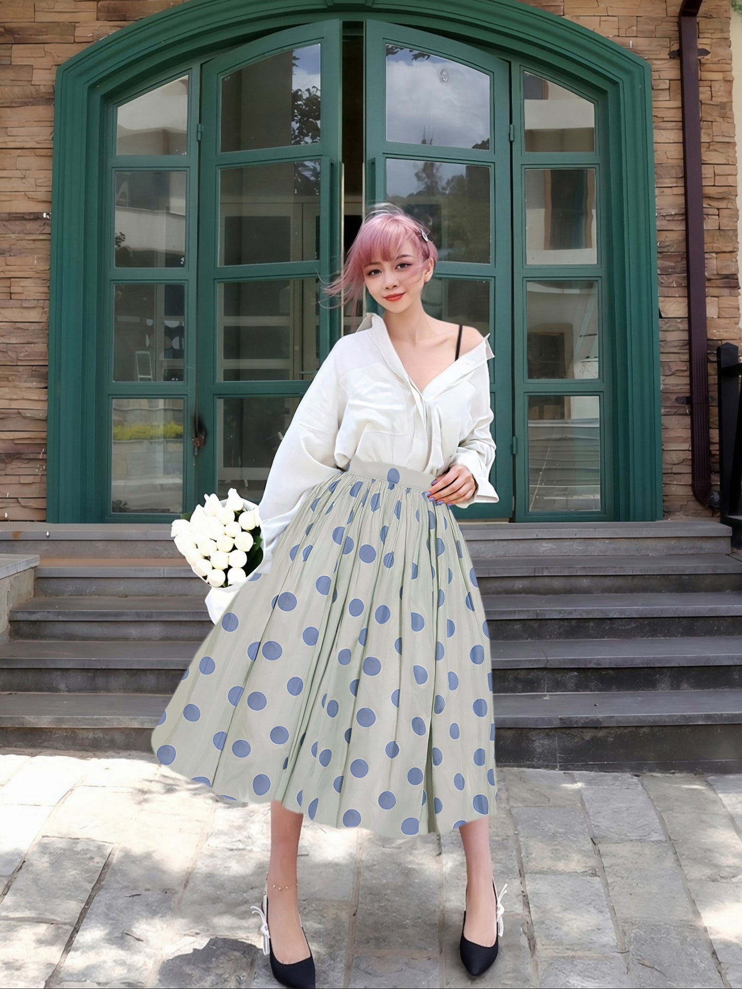 Polka Dot High Waist Flare Skirt　X3549