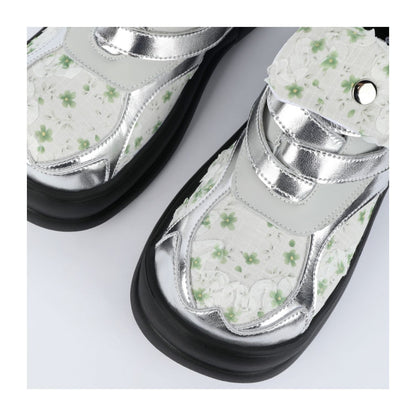 Floral Print & Silver Chunky Platform Velcro Shoes　X3478
