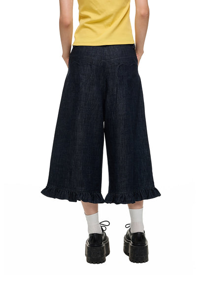 Washed Denim Wide-Leg Cropped Pants　X3335