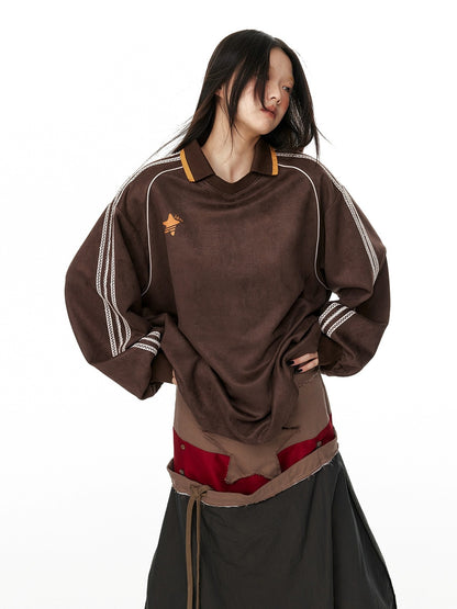 Cocoa Brown Suede Lace Patchwork V-Neck Pullover Sweatshirt　X3330