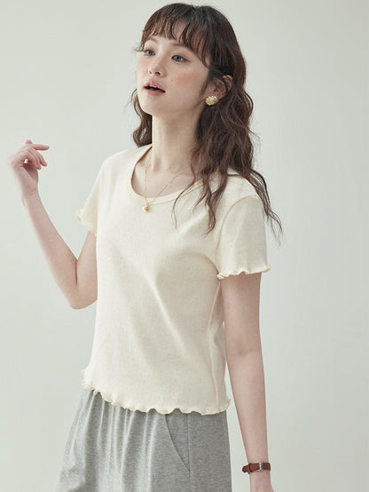 Cotton Jacquard Frill-Sleeve Short Tee　X3233