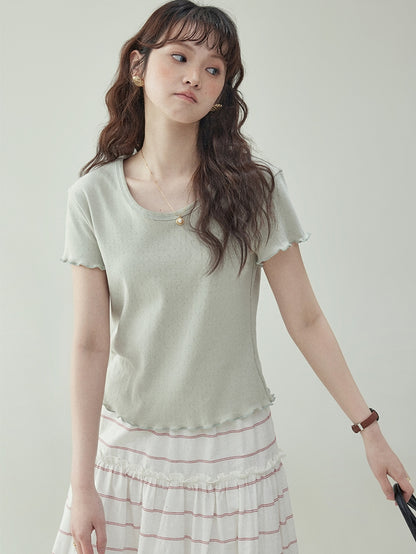 Cotton Jacquard Frill-Sleeve Short Tee　X3233
