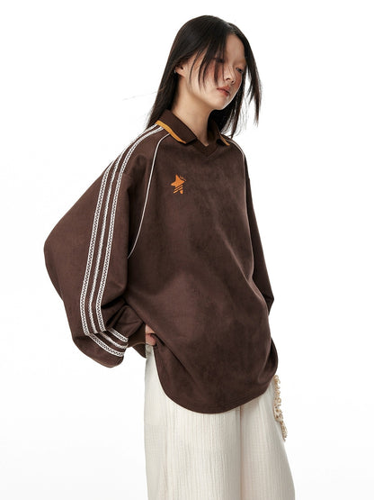 Cocoa Brown Suede Lace Patchwork V-Neck Pullover Sweatshirt　X3330