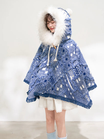 Jacquard Fringe Hooded Poncho Coat X3699