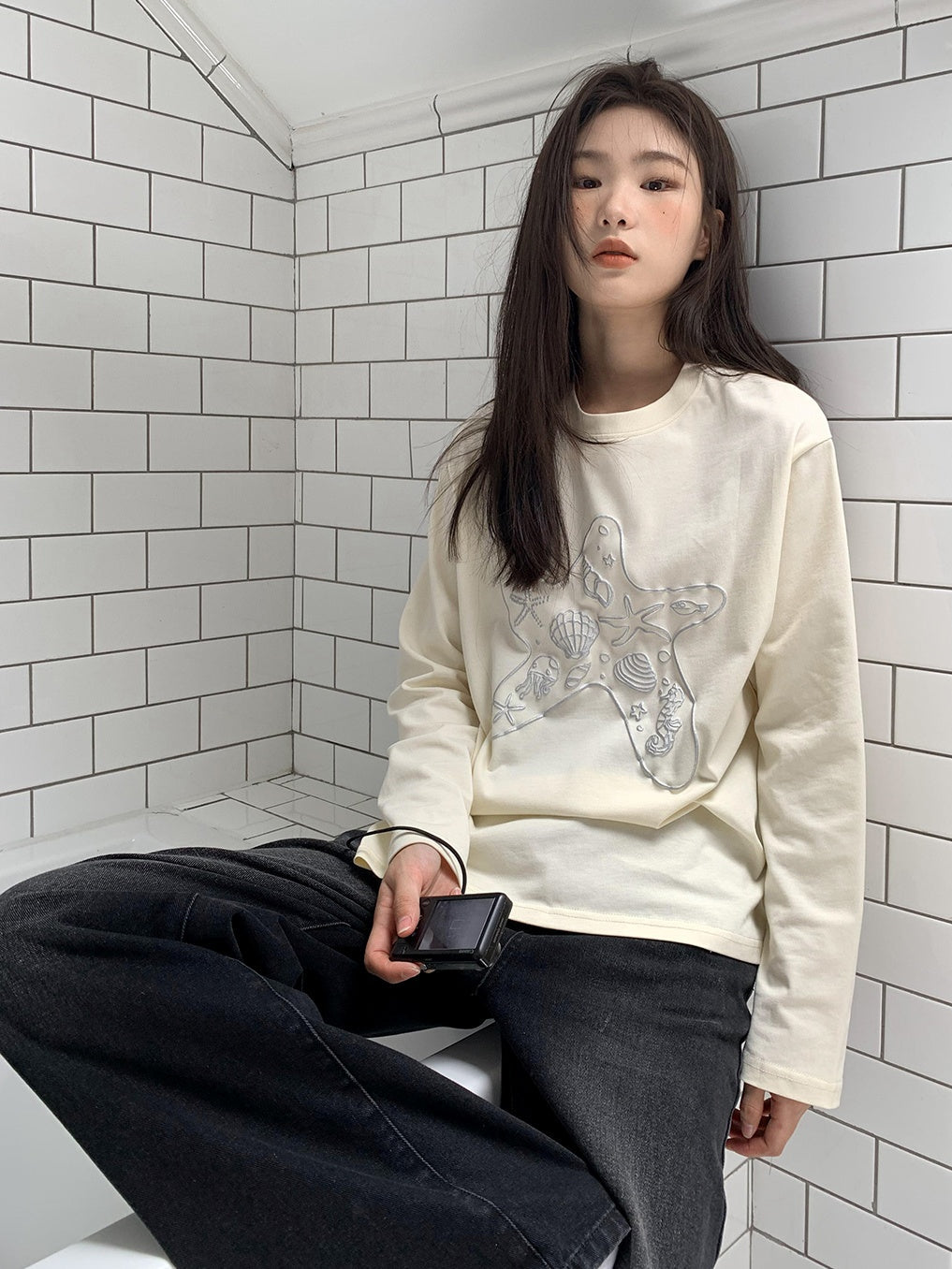 Loose Marine Print Long Sleeve T-Shirt X3138