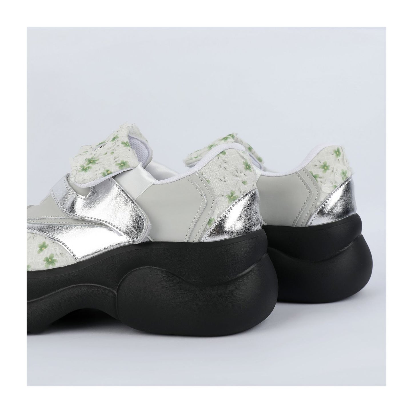 Floral Print & Silver Chunky Platform Velcro Shoes　X3478
