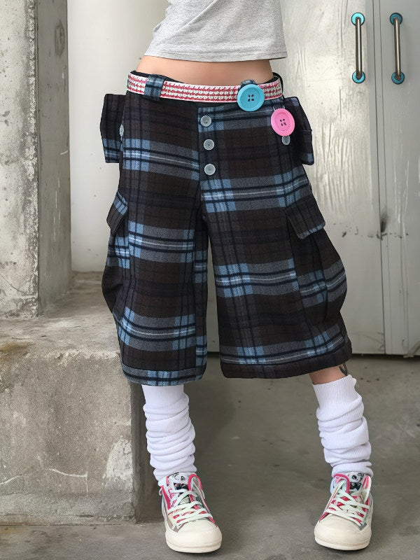 Plaid Button Cargo Cropped Pants　X3702