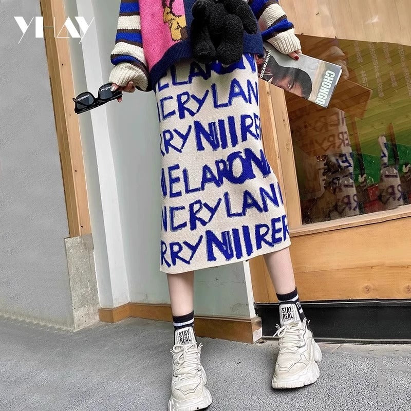 彩色Logo針織中長裙 X3461