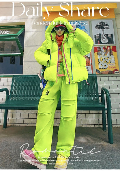 螢光綠撞色拼接抓絨運動褲 X3468